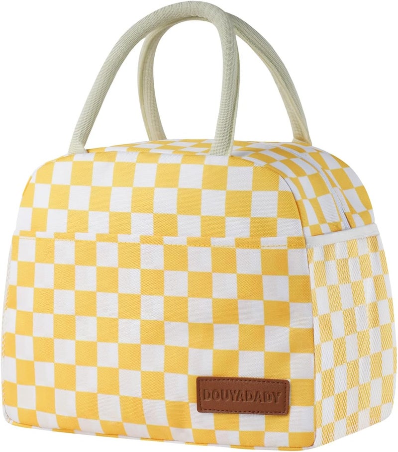 douyadady Lunch Bag Women/Men Lunch Box Women/Men (Yellow+White Checkerboard) - Image 1